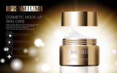 Yıllık indirimli ya da festival satışları için cilt nemlendirici. Gümüş kahverengi krema şişesi ürün sunumu için arka planda bulunan simli parçacıklara izole edilmiş. Zarif kozmetik reklamları, Vektör illüstrasyonu