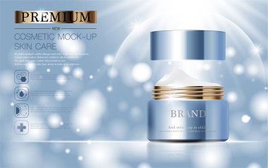 Yıllık indirimli ya da festival satışları için cilt nemlendirici. Gümüş kahverengi krema şişesi ürün sunumu için arka planda bulunan simli parçacıklara izole edilmiş. Zarif kozmetik reklamları, Vektör illüstrasyonu