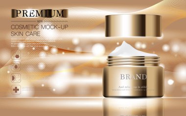 Yıllık indirimli ya da festival satışları için cilt nemlendirici. Gümüş kahverengi krema şişesi ürün sunumu için arka planda bulunan simli parçacıklara izole edilmiş. Zarif kozmetik reklamları, Vektör illüstrasyonu
