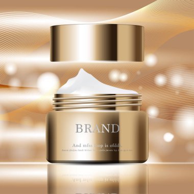Yıllık indirimli ya da festival satışları için cilt nemlendirici. Gümüş kahverengi krema şişesi ürün sunumu için arka planda bulunan simli parçacıklara izole edilmiş. Zarif kozmetik reklamları, Vektör illüstrasyonu