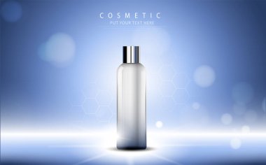 Kozmetik ürün posteri, nemlendirici krem ya da sıvıyla şişe paketi tasarımı, ışıltılı polka ile ışıl ışıl arka plan.