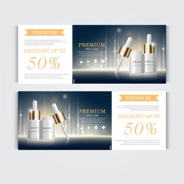 Yıllık ya da festival satışı için yüz hidrasyon serumu hediye çeki. Işıltılı parçacıkların arka planında izole edilmiş gümüş ve altın serumlu maske şişesi. Zarif kozmetik reklamları, illüstrasyon.