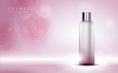 Kozmetik ürün posteri, nemlendirici krem ya da sıvıyla şişe paketi tasarımı, ışıltılı polka ile ışıl ışıl arka plan.