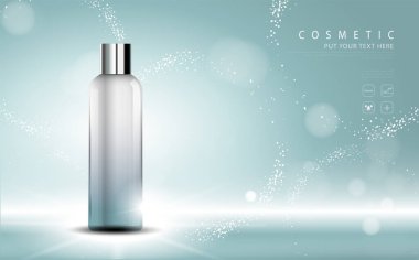 Kozmetik ürün posteri, nemlendirici krem ya da sıvıyla şişe paketi tasarımı, ışıltılı polka ile ışıl ışıl arka plan.
