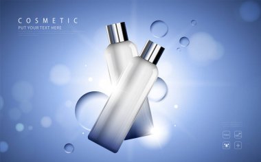 Kozmetik ürün posteri, nemlendirici krem ya da sıvıyla şişe paketi tasarımı, ışıltılı polka ile ışıl ışıl arka plan.