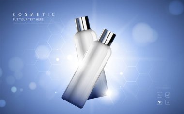 Kozmetik ürün posteri, nemlendirici krem ya da sıvıyla şişe paketi tasarımı, ışıltılı polka ile ışıl ışıl arka plan.