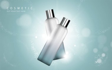 Kozmetik ürün posteri, nemlendirici krem ya da sıvıyla şişe paketi tasarımı, ışıltılı polka ile ışıl ışıl arka plan.