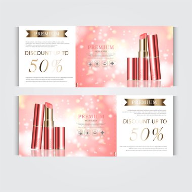 Yıllık satış ya da festival için yüz nemlendirici ruj kuponu. Gümüş ve altın rengi ruj maskeli şişe, arkaplandaki sim parçacıklarına izole edilmiş. Zarif kozmetik reklamları, illüstrasyon.