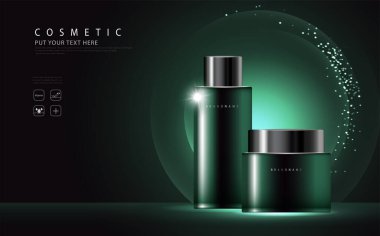 Kozmetik ürün posteri, kolajen ve nemlendirici krem ya da sıvı içeren şişe paketi tasarımı, ışıltılı polka ile ışıltılı arka plan.