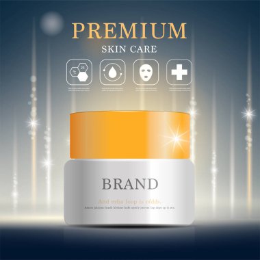 Yıllık indirimli yüz kremi ya da festival satışı için. Işıltılı parçacıkların arka planında izole edilmiş gümüş ve altın rengi maske şişesi. Zarif kozmetik reklamları, illüstrasyon.