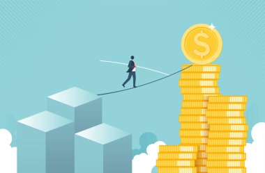 Maddi büyüme ve altın sikke ile risk kavramı. Para toplama ya da kazanç stratejisi ya da kazanç stratejisi kavramı. vektör çizgi film tasarımı.