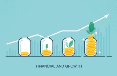 Altın sikkeleri düz bir şişeye koymak, Büyüme İşletmesi veya Finansal Yatırım için uygun. vektör çizgi film tasarımı.