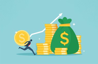 Altın sikke ile finansal büyüme kavramından çıkar sağlamak. Para toplama ya da kazanç stratejisi ya da kazanç stratejisi kavramı. vektör çizgi film tasarımı.