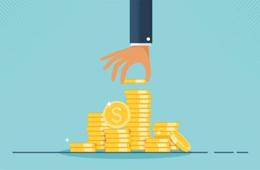 Altın para yığınlarıyla finansal büyüme konsepti. Para toplama ya da kazanç stratejisi ya da kazanç stratejisi kavramı. vektör çizgi film tasarımı.