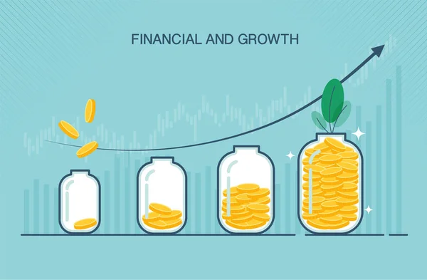 Altın Sikkeleri Düz Bir Şişeye Koymak Büyüme Şletmesi Veya Finansal — Stok Vektör