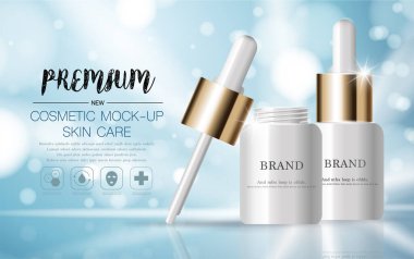 Yıllık ya da festival satışı için yüz serumunu suluyorum. Işıltılı parçacıkların arka planında izole edilmiş gümüş ve altın serumlu maske şişesi. Zarif kozmetik reklamları, illüstrasyon.