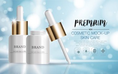 Yıllık ya da festival satışı için yüz serumunu suluyorum. Işıltılı parçacıkların arka planında izole edilmiş gümüş ve altın serumlu maske şişesi. Zarif kozmetik reklamları, illüstrasyon.