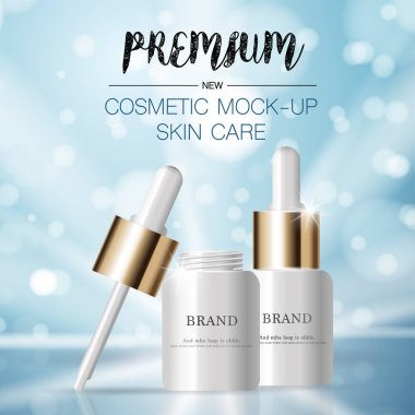 Yıllık ya da festival satışı için yüz serumunu suluyorum. Işıltılı parçacıkların arka planında izole edilmiş gümüş ve altın serumlu maske şişesi. Zarif kozmetik reklamları, illüstrasyon.