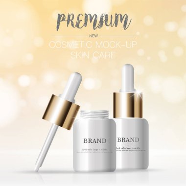 Yıllık ya da festival satışı için yüz serumunu suluyorum. Işıltılı parçacıkların arka planında izole edilmiş gümüş ve altın serumlu maske şişesi. Zarif kozmetik reklamları, illüstrasyon.