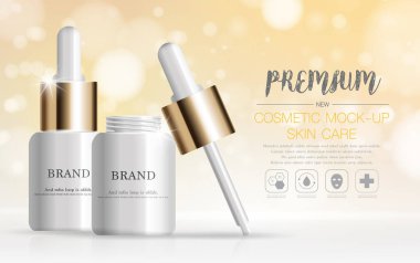 Yıllık ya da festival satışı için yüz serumunu suluyorum. Işıltılı parçacıkların arka planında izole edilmiş gümüş ve altın serumlu maske şişesi. Zarif kozmetik reklamları, illüstrasyon.