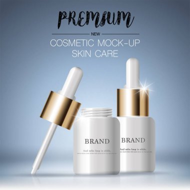 Yıllık ya da festival satışı için yüz serumunu suluyorum. Işıltılı parçacıkların arka planında izole edilmiş gümüş ve altın serumlu maske şişesi. Zarif kozmetik reklamları, illüstrasyon.