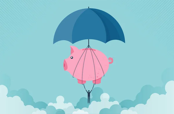 経営および投資のための成功にビジネスマンを持ち上げる傘の概念を持つ貯金箱 ベクター漫画のデザイン — ストックベクタ