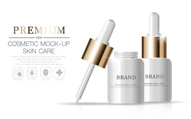 Yıllık ya da festival satışı için yüz serumunu suluyorum. Işıltılı parçacıkların arka planında izole edilmiş gümüş ve altın serumlu maske şişesi. Zarif kozmetik reklamları, illüstrasyon.