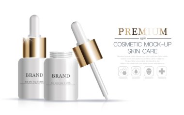 Yıllık ya da festival satışı için yüz serumunu suluyorum. Işıltılı parçacıkların arka planında izole edilmiş gümüş ve altın serumlu maske şişesi. Zarif kozmetik reklamları, illüstrasyon.