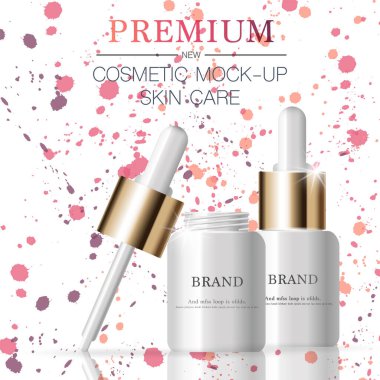 Yıllık ya da festival satışı için yüz serumunu suluyorum. Işıltılı parçacıkların arka planında izole edilmiş gümüş ve altın serumlu maske şişesi. Zarif kozmetik reklamları, illüstrasyon.