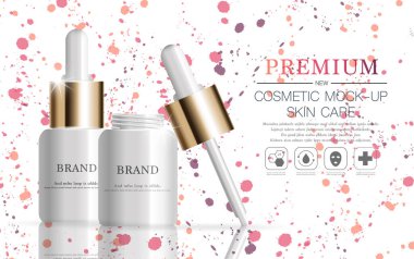 Yıllık ya da festival satışı için yüz serumunu suluyorum. Işıltılı parçacıkların arka planında izole edilmiş gümüş ve altın serumlu maske şişesi. Zarif kozmetik reklamları, illüstrasyon.