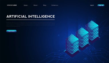 Yapay zeka, makine öğrenimi, ai, gelecekteki teknoloji sanat çalışmaları, madencilik, izometrik, nöral ağ, makine programlama ve ilgili web afişi için derin veri öğrenimi. vektör Resimleri.