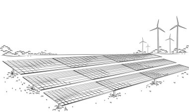 Güneş panelleri ve rüzgar türbinleri veya alternatif enerji kaynakları. Ekolojik sürdürülebilir enerji kaynağı. Vektör illüstrasyonu.