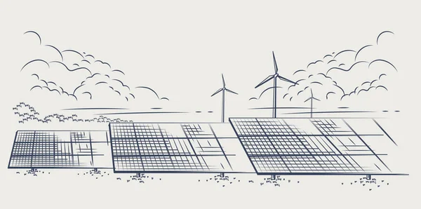 Zonnepanelen Windturbines Alternatieve Energiebronnen Ecologische Duurzame Energievoorziening Vectorillustratie — Stockvector