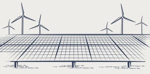 Pannelli Solari Turbine Eoliche Fonti Alternative Energia Approvvigionamento Energetico Sostenibile — Vettoriale Stock
