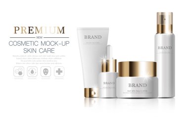 Yıllık satış ya da festival için yüz kremi nemlendirici. Işıltılı parçacıkların arka planında izole edilmiş turuncu ve altın rengi güneş kremi şişesi. Zarif kozmetik reklamları.