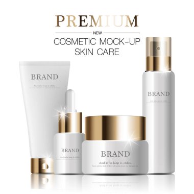 Yıllık satış ya da festival için yüz kremi nemlendirici. Işıltılı parçacıkların arka planında izole edilmiş turuncu ve altın rengi güneş kremi şişesi. Zarif kozmetik reklamları.