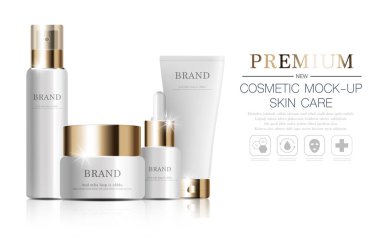 Yıllık satış ya da festival için yüz kremi nemlendirici. Işıltılı parçacıkların arka planında izole edilmiş turuncu ve altın rengi güneş kremi şişesi. Zarif kozmetik reklamları.