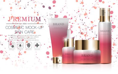 Yıllık satış ya da festival için yüz kremi nemlendirici. Işıltılı parçacıkların arka planında izole edilmiş turuncu ve altın rengi güneş kremi şişesi. Zarif kozmetik reklamları.