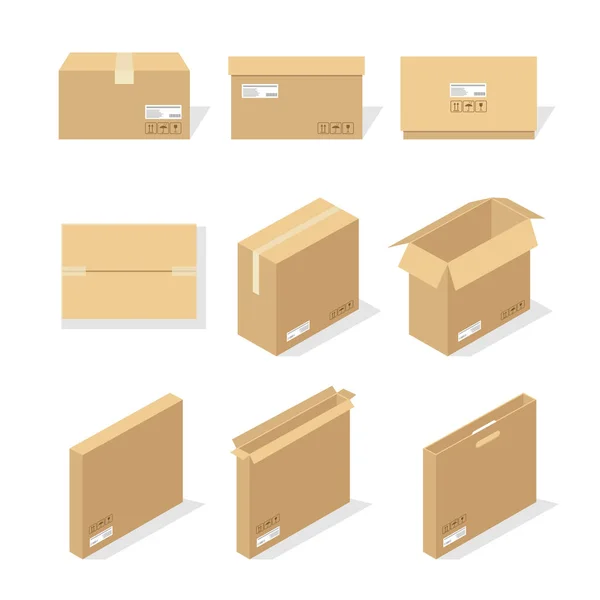 纸板箱或包装纸及装运箱 纸箱包裹和送货包裹堆放 平放仓储货物和货物运输 矢量说明 — 图库矢量图片