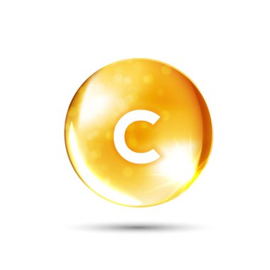 C vitamini ikonu. Parlak altın madde damlası. Heath reklamları için ilaçlar. Soğuk algınlığı ve beslenme cilt bakımı tedavisi. vektör.