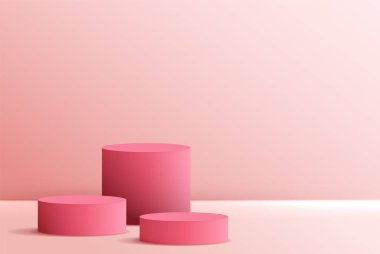 Ürün, markalaşma ve paketleme sunumu için kozmetik arka plan. Geometri formu, podyum sahnesinin pembe arka planında şekilleniyor. vektör.