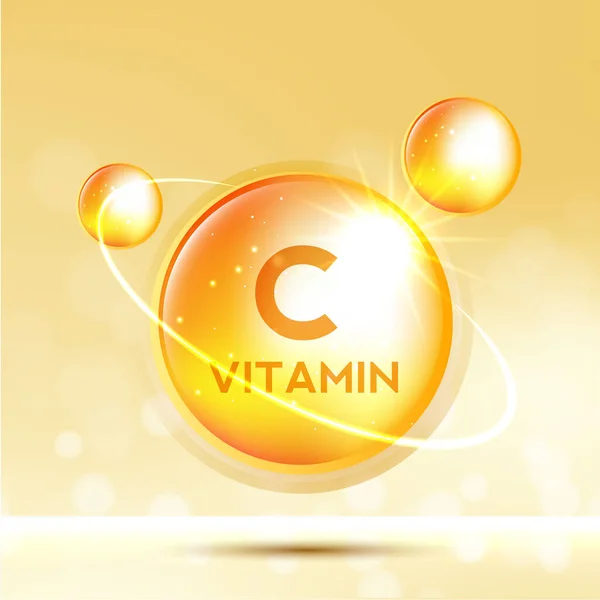 C vitamini ikonu. Parlak altın madde damlası. Heath reklamları için ilaçlar. Soğuk algınlığı ve beslenme cilt bakımı tedavisi. vektör.