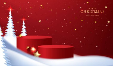 Noel 'de ya da yeni yılda kozmetik ürünleri sergilemek için podyum şekli. Kırmızı zemin üzerinde yılbaşı ışıklandırmalı ürün sergisi. vektör tasarımı.