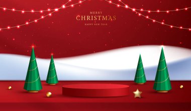 Noel 'de ya da yeni yılda kozmetik ürünleri sergilemek için podyum şekli. Kırmızı zemin üzerinde yılbaşı ışıklandırmalı ürün sergisi. vektör tasarımı.