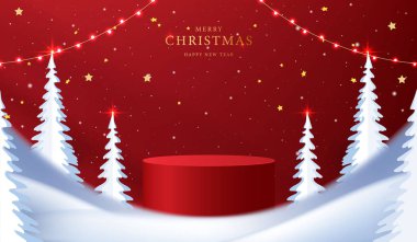 Noel 'de ya da yeni yılda kozmetik ürünleri sergilemek için podyum şekli. Kırmızı zemin üzerinde yılbaşı ışıklandırmalı ürün sergisi. vektör tasarımı.