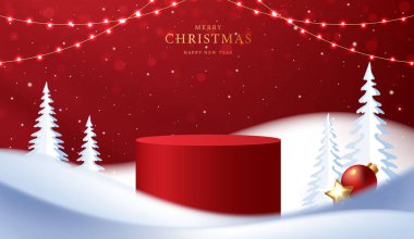 Noel 'de ya da yeni yılda kozmetik ürünleri sergilemek için podyum şekli. Kırmızı zemin üzerinde yılbaşı ışıklandırmalı ürün sergisi. vektör tasarımı.