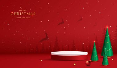 Noel 'de ya da yeni yılda kozmetik ürünleri sergilemek için podyum şekli. Kırmızı zemin üzerinde yılbaşı ışıklandırmalı ürün sergisi. vektör tasarımı.