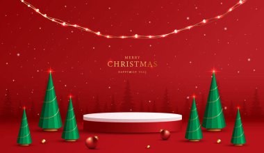 Noel 'de ya da yeni yılda kozmetik ürünleri sergilemek için podyum şekli. Kırmızı zemin üzerinde yılbaşı ışıklandırmalı ürün sergisi. vektör tasarımı.
