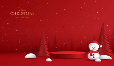 Noel 'de ya da yeni yılda kozmetik ürünleri sergilemek için podyum şekli. Kırmızı zemin üzerinde yılbaşı ışıklandırmalı ürün sergisi. vektör tasarımı.