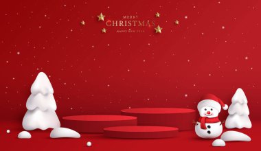 Noel 'de ya da yeni yılda kozmetik ürünleri sergilemek için podyum şekli. Kırmızı zemin üzerinde yılbaşı ışıklandırmalı ürün sergisi. vektör tasarımı.